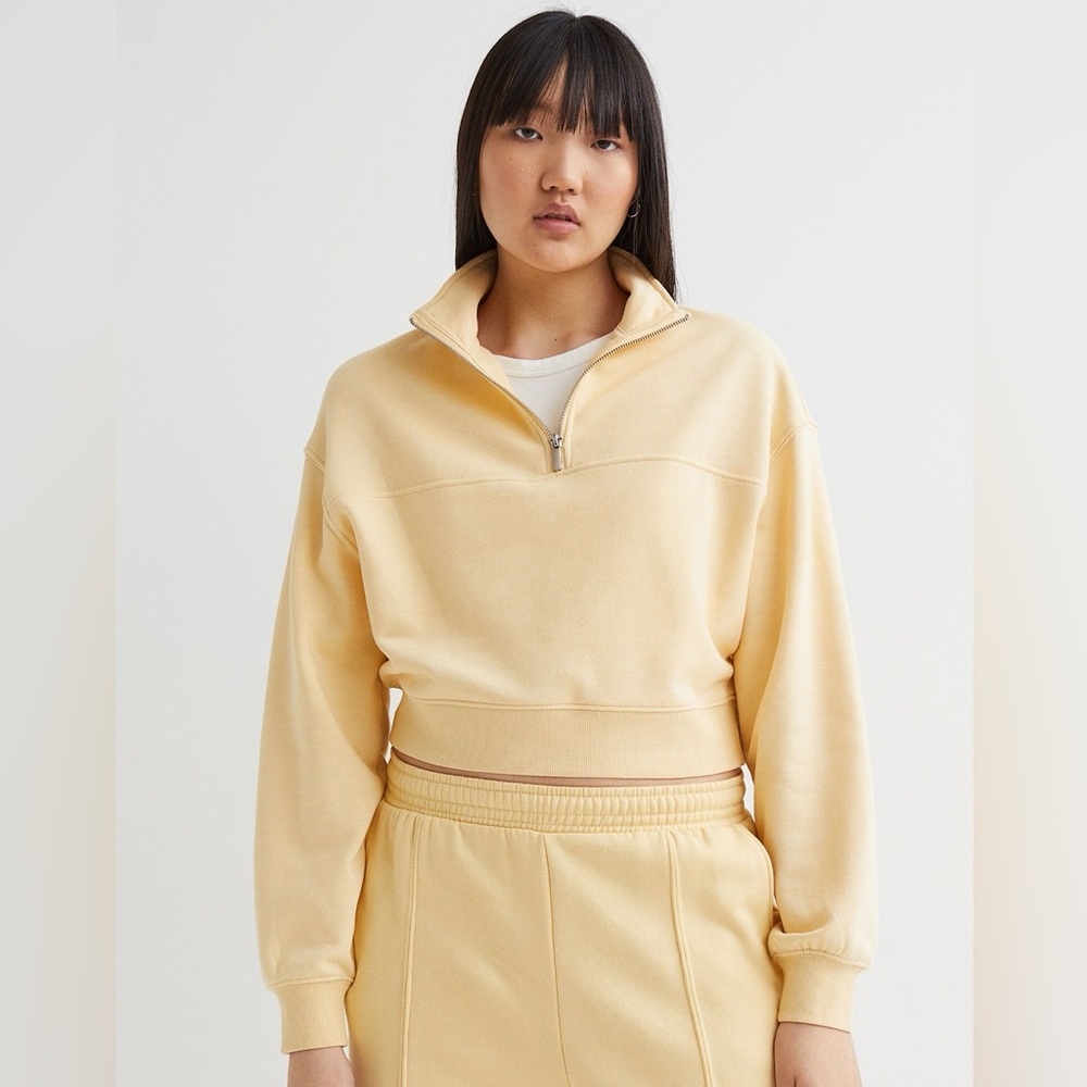 H&M Butter Yellow Cropped Quarter-Zip Sweatshirt